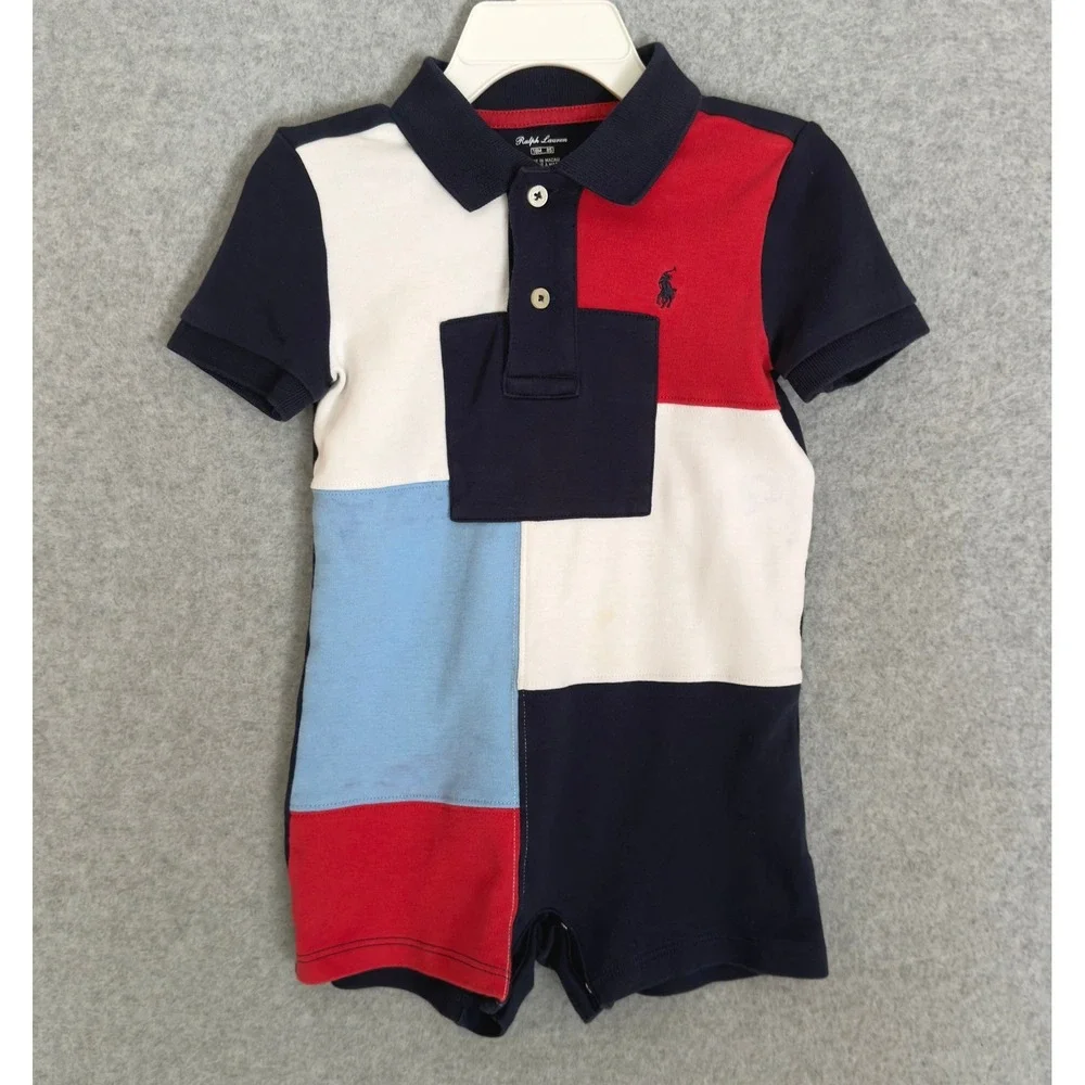 Ralph Lauren Polo Romper Kids 18M Multicolor Colorblock Short Sleeve Pony Logo